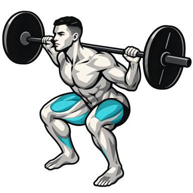 An athlete in the bottom of a barbell back squat